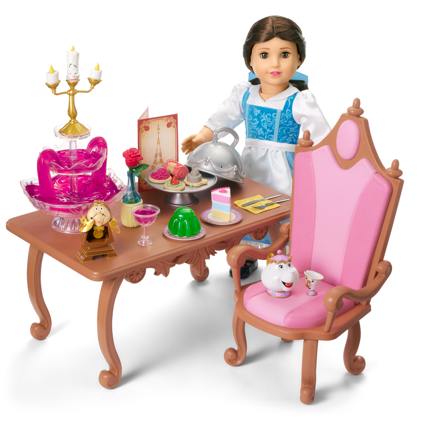 Disney Princess Belle Enchanted Castle Dining Set, Blue Dress & Friends Bundle for 18-inch Dolls X4