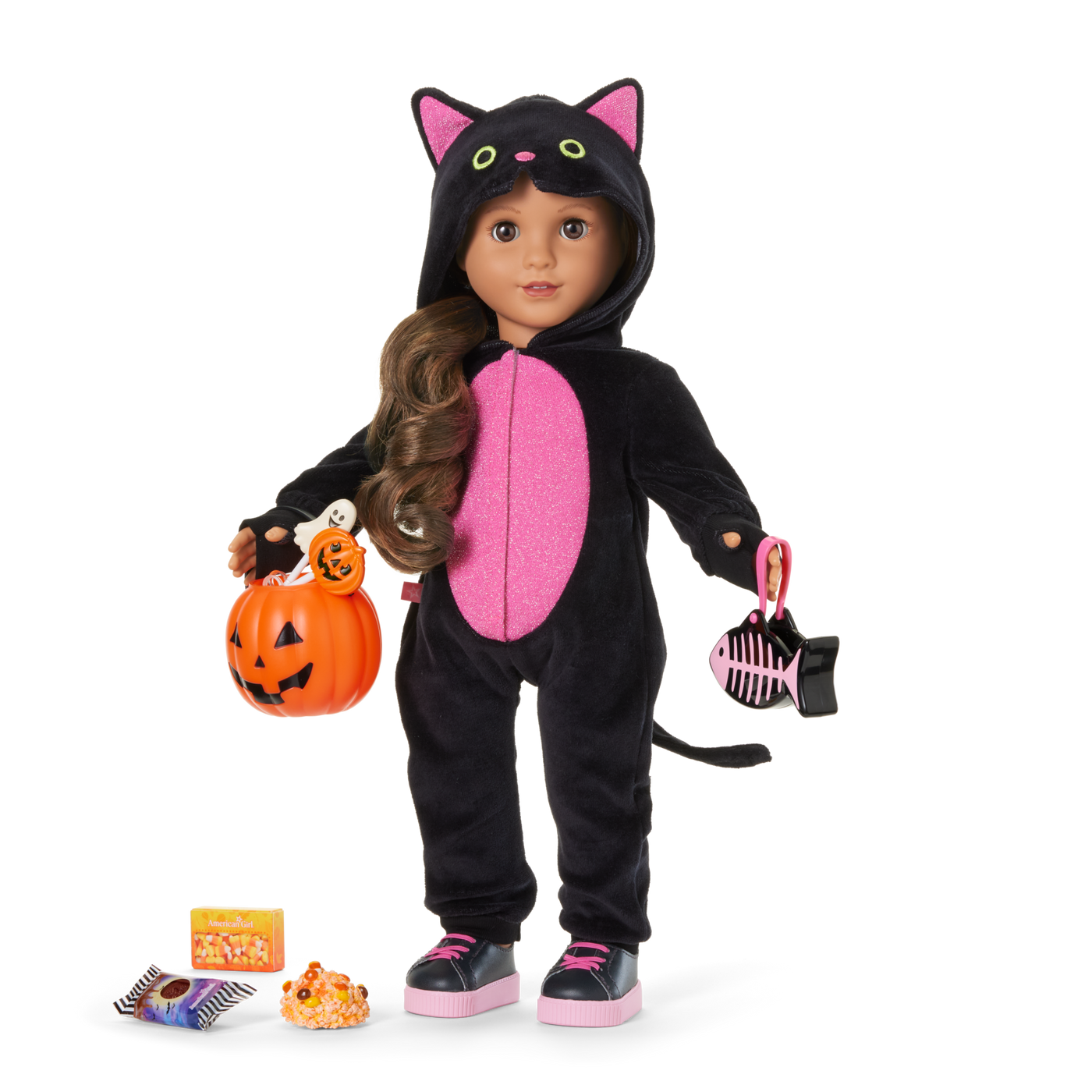 Claws & Cuddles Cat Costume & Trick-or-Treat Set Bundle for 18-inch Dolls U2